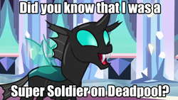 Size: 1280x720 | Tagged: safe, derpibooru import, edit, edited screencap, screencap, thorax, changeling, the times they are a changeling, caption, deadpool, fangs, happy, kyle rideout, open mouth, smiling, solo, super soldier, trivia, voice actor joke