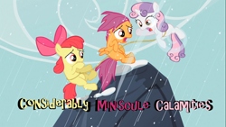 Size: 1366x768 | Tagged: safe, derpibooru import, edit, edited screencap, screencap, apple bloom, scootaloo, sweetie belle, animation error, caption, cutie mark crusaders, image macro, meme