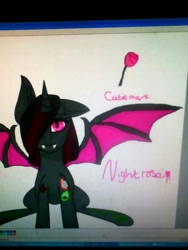 Size: 612x816 | Tagged: safe, artist:jessydraws, derpibooru import, oc, oc only, oc:night rose (ice1517), alicorn, bat pony, bat pony alicorn, pony, alicorn oc, computer, eyebrow piercing, hair over one eye, picture, piercing, solo, tattoo