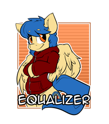 Size: 2100x2400 | Tagged: safe, artist:bbsartboutique, oc, oc only, oc:equalizer, pegasus, pony, badge, clothes, con badge, hoodie, male, solo, stallion