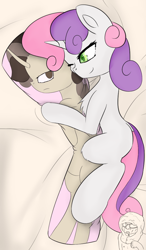 Size: 610x1047 | Tagged: safe, artist:jonathan the awesome, derpibooru exclusive, derpibooru import, sweetie belle, oc, oc:jona clay, body pillow, hug, implied raribelle