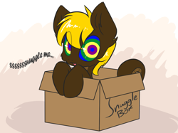 Size: 1243x931 | Tagged: safe, artist:sapphfyr, derpibooru import, oc, oc only, oc:mesme rize, lamia, original species, cardboard box, colt, hissing, hypnosis, male, solo, swirly eyes, text