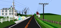 Size: 7456x3405 | Tagged: safe, artist:oceanrailroader, derpibooru import, crystal pony, pony, car, female, foal, house, male, mare, modernized, power line, road, stallion, telephone pole