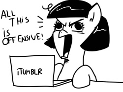 Size: 816x615 | Tagged: safe, derpibooru import, oc, oc only, angry, angry eyes, computer, dialogue, laptop computer, monochrome, offended, open mouth, simple background, solo, tumblr, white background, yelling