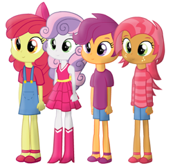 Size: 490x472 | Tagged: safe, artist:cookeykoopa, derpibooru import, apple bloom, babs seed, scootaloo, sweetie belle, equestria girls, clothes, cutie mark crusaders, denim, denim dress, dress, equestria girls-ified