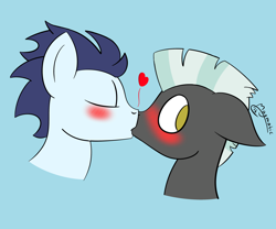 Size: 1280x1067 | Tagged: safe, artist:magmatic, derpibooru import, soarin', thunderlane, pony, blushing, gay, kissing, male, shipping, simple background, soarilane