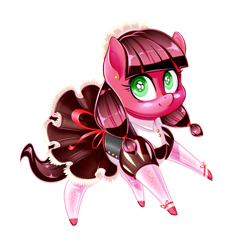 Size: 2480x2692 | Tagged: safe, artist:terkatoriam, derpibooru import, oc, oc only, oc:macdolia, earth pony, pony, chibi, clothes, cute, ear piercing, earring, french maid, jewelry, maid, maid headdress, piercing, pigtails, pointy ponies, stockings