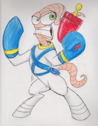 Size: 1672x2160 | Tagged: safe, artist:scribblepwn3, derpibooru import, colored pencil drawing, crossover, earthpone jim, earthworm jim, pen drawing, ray gun, solo, standing, traditional art