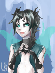 Size: 768x1024 | Tagged: safe, artist:moshroushie, derpibooru import, thorax, changeling, human, the times they are a changeling, clothes, fangs, fingerless gloves, gloves, humanized, male, smiling, solo, vest