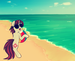 Size: 1006x813 | Tagged: safe, artist:ponycide, derpibooru import, oc, oc only, pony, beach, beach ball, bipedal, solo, sunglasses