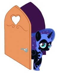 Size: 713x896 | Tagged: artist needed, safe, derpibooru import, nightmare moon, door, filly, nicemare moon, nightmare woon, sad, solo, younger