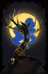 Size: 1280x1978 | Tagged: safe, artist:assassin-or-shadow, derpibooru import, nightmare moon, christmas lights, moon, night, present, prone, solo, tree, watermark