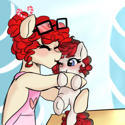 Size: 800x800 | Tagged: safe, artist:h0mi3, derpibooru import, twist, oc, oc only, earth pony, pony, apron, blushing, clothes, female, mare, mother and child, mother and daughter, offspring, older, parent and child, parent:truffle shuffle, parent:twist, parents:twuffle, solo