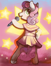 Size: 987x1280 | Tagged: safe, artist:spectralunicorn, derpibooru import, sweetie belle, pony, bipedal, clothes, dress, microphone, singing, solo, stars, underhoof