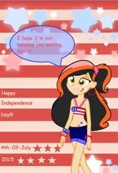 Size: 717x1049 | Tagged: safe, artist:breezemelody, artist:obeliskgirljohanny, derpibooru import, oc, oc only, oc:marmalade meringue, equestria girls, 4th of july, american independence day, bangles, base used, belly button, bracelet, clothes, ear piercing, earring, humanized, independence day, jewelry, makeup, midriff, nail polish, patriotic, piercing, solo, sports bra