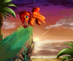 Size: 4200x3500 | Tagged: safe, artist:mimkage, derpibooru import, oc, oc only, oc:goldenfox, ocean, palm tree, solo, sun, tree