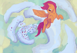 Size: 1425x986 | Tagged: safe, artist:rayysef, derpibooru import, scootaloo, flying, looking down, scootaloo can fly