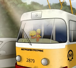 Size: 1004x898 | Tagged: safe, artist:subway777, derpibooru import, oc, oc only, oc:tatra, pony, unicorn, car, hot, lens flare, ponytail, russia, russian, tatra t3, tired, traffic, tram