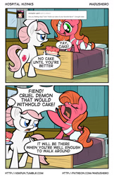 Size: 1280x1978 | Tagged: safe, artist:wadusher0, nurse redheart, oc, oc:pun, earth pony, pony, comic:hospital hijinks, bandage, cake, drama queen, female, food, hospital, mare