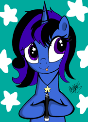 Size: 2360x3262 | Tagged: safe, artist:darkest-lunar-flower, derpibooru exclusive, derpibooru import, oc, oc only, oc:darkest lunar flower, pony, unicorn, pencil, solo, tongue out, wingding eyes