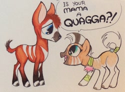 Size: 800x588 | Tagged: safe, artist:peachykeenponies, derpibooru import, oc, oc only, oc:bakari, oc:nia the quagga, quagga, animal in mlp form, blank flank, bongo antelope