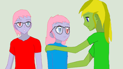 Size: 854x480 | Tagged: safe, artist:kombatantchampion, derpibooru import, oc, oc only, oc:braveheart, oc:rustic, oc:rusty ace, equestria girls, base used, clothes, equestria girls-ified, glasses, heterochromia, humanized, simple background, smiling