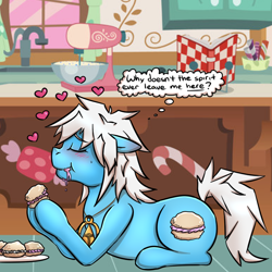 Size: 720x720 | Tagged: safe, artist:deyogee, derpibooru import, blushing, dialogue, eating, food, millennium ring, ponified, ryou bakura, solo, wheredidyamileavemenow, yu-gi-oh!