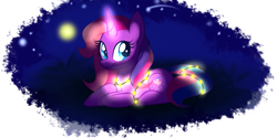 Size: 1280x640 | Tagged: dead source, safe, artist:wubcakeva, lily lightly, pony, unicorn, g3, blue eyes, cute, female, full moon, glowing horn, lights, lily cutely, looking back, mare, moon, night, prone, shooting star, smiling, solo, stars