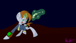 Size: 1920x1080 | Tagged: safe, artist:f1n4lw1sh, derpibooru import, oc, oc only, oc:littlepip, pony, unicorn, fallout equestria, clothes, fanfic, fanfic art, female, glowing horn, gun, handgun, horn, levitation, little macintosh, magic, mare, newbie artist training grounds, pipbuck, pistol, revolver, solo, telekinesis, vault suit, weapon