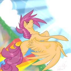 Size: 1280x1280 | Tagged: safe, artist:zakkurro, derpibooru import, scootaloo, eyes closed, missing cutie mark, older, rainbow fall, scootaloo can fly, solo, spread wings