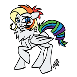 Size: 800x800 | Tagged: safe, artist:larvarti, derpibooru import, oc, oc only, oc:niki bariole, pegasus, pony, colorful, cute, drawing, magical lesbian spawn, offspring, parent:rainbow dash, parent:rarity, parents:raridash, simple background, solo, standing