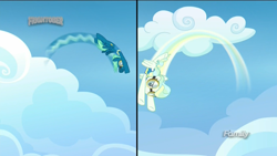 Size: 1920x1080 | Tagged: safe, derpibooru import, screencap, sky stinger, vapor trail, pony, top bolt, contrail, discovery family logo, flying, goggles, split screen, wonderbolt trainee uniform