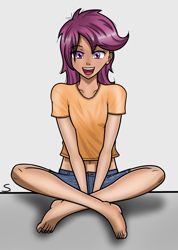 Size: 2456x3448 | Tagged: source needed, safe, artist:purefakegold, derpibooru import, scootaloo, human, barefoot, belly button, clothes, cute, feet, humanized, looking at you, midriff, open mouth, short shirt, sitting, smiling, solo