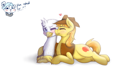 Size: 4320x2700 | Tagged: safe, artist:apple-crumbler, derpibooru import, braeburn, oc, oc:silver quill, griffon, blushing, gay, heart, interspecies, kissing, male, shipping, simple background