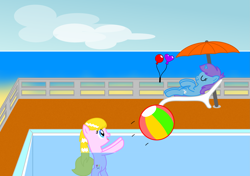 Size: 3317x2340 | Tagged: safe, artist:bladedragoon7575, derpibooru import, oc, oc only, oc:lola balloon, oc:sleepy zee, beach ball, cute, swimming pool, umbrella, water