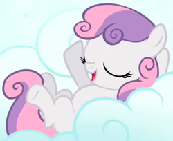 Size: 319x260 | Tagged: safe, derpibooru import, screencap, sweetie belle, earth pony, pony, unicorn, stare master, animation error, blank flank, cloud, cropped, eyes closed, female, filly, foal, hooves, horn, lying down, lying on a cloud, missing horn, on a cloud, on back, open mouth, solo