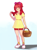 Size: 733x1000 | Tagged: safe, artist:yanabau, derpibooru import, apple bloom, human, apple, basket, bow, clothes, compression shorts, dress, food, freckles, hair bow, humanized, looking at you, red hair, shoes, sneakers, solo