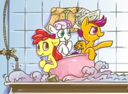 Size: 3000x2200 | Tagged: safe, artist:kovoranu, derpibooru import, apple bloom, scootaloo, sweetie belle, adventure, bath, bathtub, cute, cutie mark crusaders, hat, imagination, paper hat