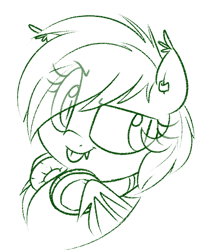 Size: 532x659 | Tagged: safe, artist:notenoughapples, oc, oc only, oc:ignic rhythm, bat pony, pony, bat pony oc, bust, headphones, monochrome, piercing, portrait, solo, tongue out