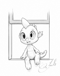 Size: 1607x2024 | Tagged: safe, artist:zheymrossblue, derpibooru import, spike, dragon, monochrome, solo, window