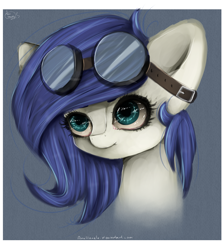 Size: 1300x1450 | Tagged: safe, artist:anuhanele, derpibooru import, oc, oc only, oc:mandolin, bust, goggles, portrait, smiling