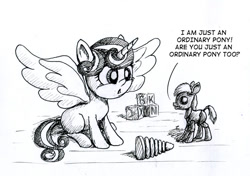 Size: 800x562 | Tagged: safe, artist:el-yeguero, derpibooru import, princess flurry heart, blocks, grayscale, monochrome, sitting, solo, spread wings, toy, traditional art