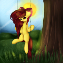 Size: 2000x2000 | Tagged: safe, artist:anuhanele, derpibooru import, apple bloom, anatomically incorrect, big hair, colored, digital painting, faic, hair bow, outdoors, speedpaint, swing, woll smoth