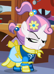 Size: 251x343 | Tagged: safe, derpibooru import, screencap, sweetie belle, pony, sisterhooves social, clothes, dress, evil grin, faic, grin, outfit catalog, smiling, solo