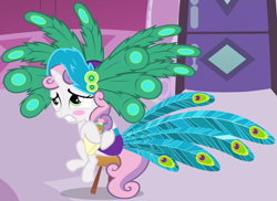 Size: 859x627 | Tagged: safe, derpibooru import, screencap, sweetie belle, pony, unicorn, ponyville confidential, blushing, clothes, crossed legs, cute, diasweetes, dress, embarrassed, female, filly, outfit catalog, peacock feathers, pencil, solo