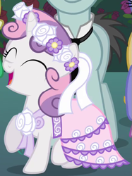 Size: 427x571 | Tagged: safe, derpibooru import, screencap, sweetie belle, pony, unicorn, a canterlot wedding, cute, diasweetes, eyes closed, female, filly, flower filly, happy, open mouth, outfit catalog, raised hoof