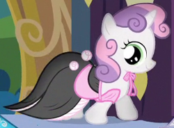 Size: 294x216 | Tagged: safe, derpibooru import, screencap, sweetie belle, pony, simple ways, clothes, dress, outfit catalog, solo