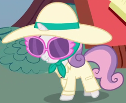 Size: 335x274 | Tagged: safe, derpibooru import, screencap, sweetie belle, pony, unicorn, twilight time, clothes, cute, diasweetes, disguise, female, filly, hat, outfit catalog, smiling, solo, sunglasses, trenchcoat