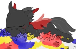 Size: 839x542 | Tagged: safe, artist:sweetcheeks, derpibooru import, oc, oc only, oc:rummy, changeling, cute, flower, heart, red changeling, sleeping, solo