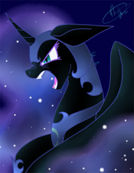 Size: 531x687 | Tagged: safe, artist:renshadowlily, derpibooru import, nightmare moon, angry, floppy ears, growling, nose wrinkle, open mouth, rage, solo